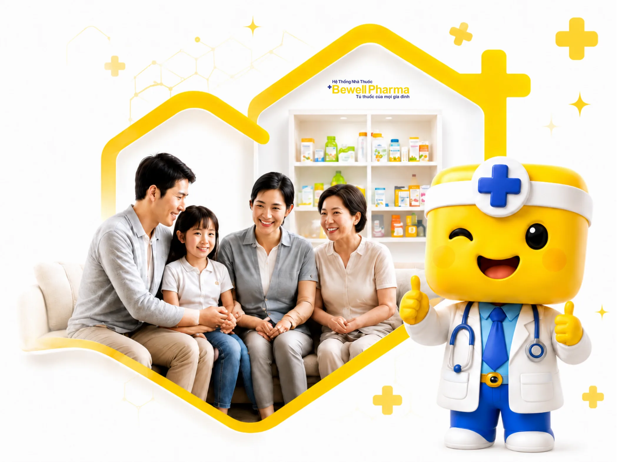 Gia đình và linh vật BeWell Pharma trong tủ thuốc gia đình